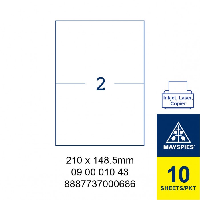 MAYSPIES 09 00 010 43 LABEL FOR INKJET / LASER / COPIER 10 SHEETS/PKT WHITE 210 X 148.5MM